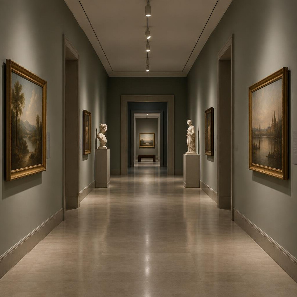 Narrow museum corridor with soft overhead lighting