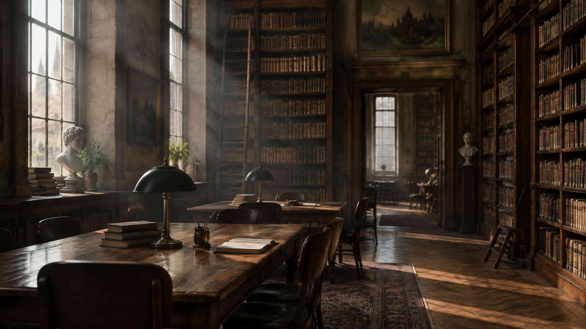 Atmospheric reading room with tall shelves and soft light